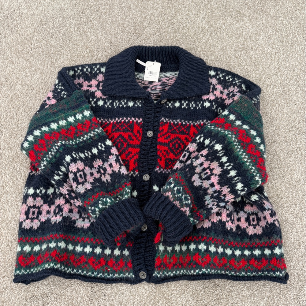 Fair Isle Knit Cardigan - Navy, Red, Pink, Green